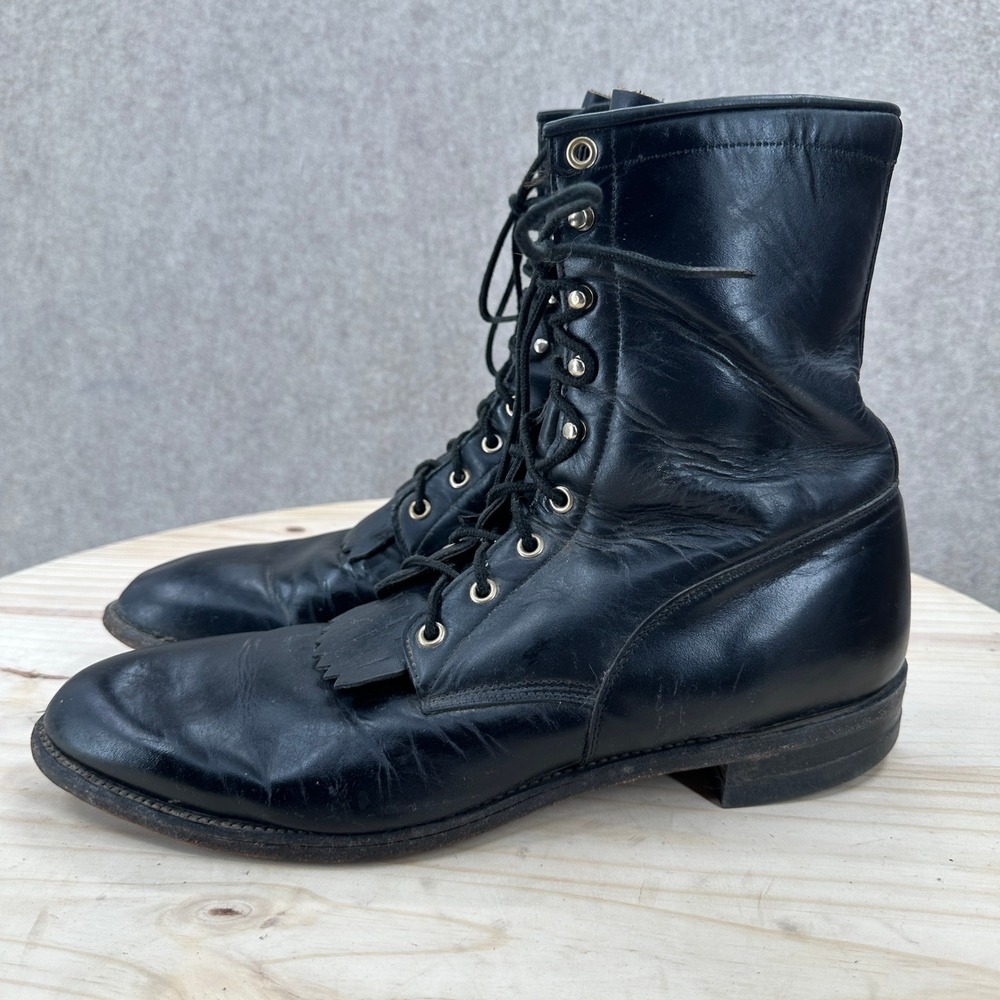 Justin 506 Black Leather Kiltie Lace-Up Roper Boots Mens 13 B Western Lace Up